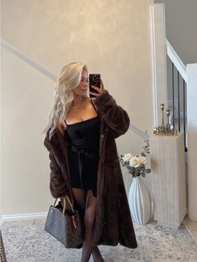 These three boutique Luxurious Dark Brown Faux Fur Long Coat